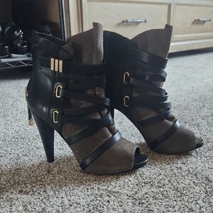 Guess Olive Green and Black Strappy, Open Toe Heeled Boots